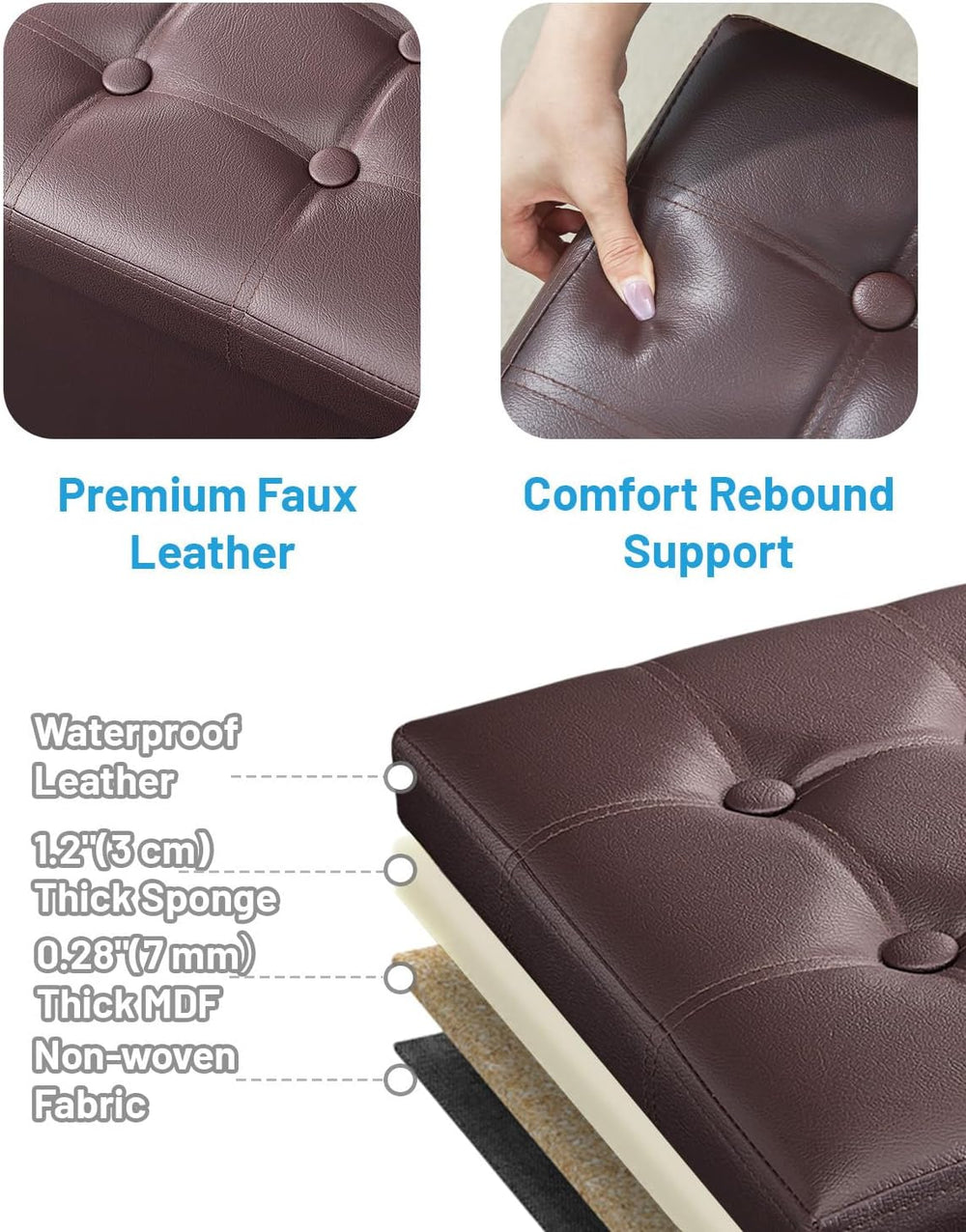 AmasSmile Ottoman with Storage,Folding Stool,17" Leather,Brown 2 Pack