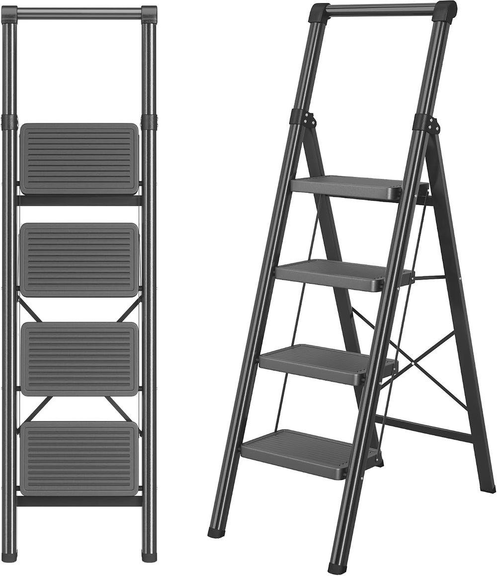 Step Ladder Foldable Folding Stool - 4 Step Stool with Wide Anti-Slip Pedal, ...