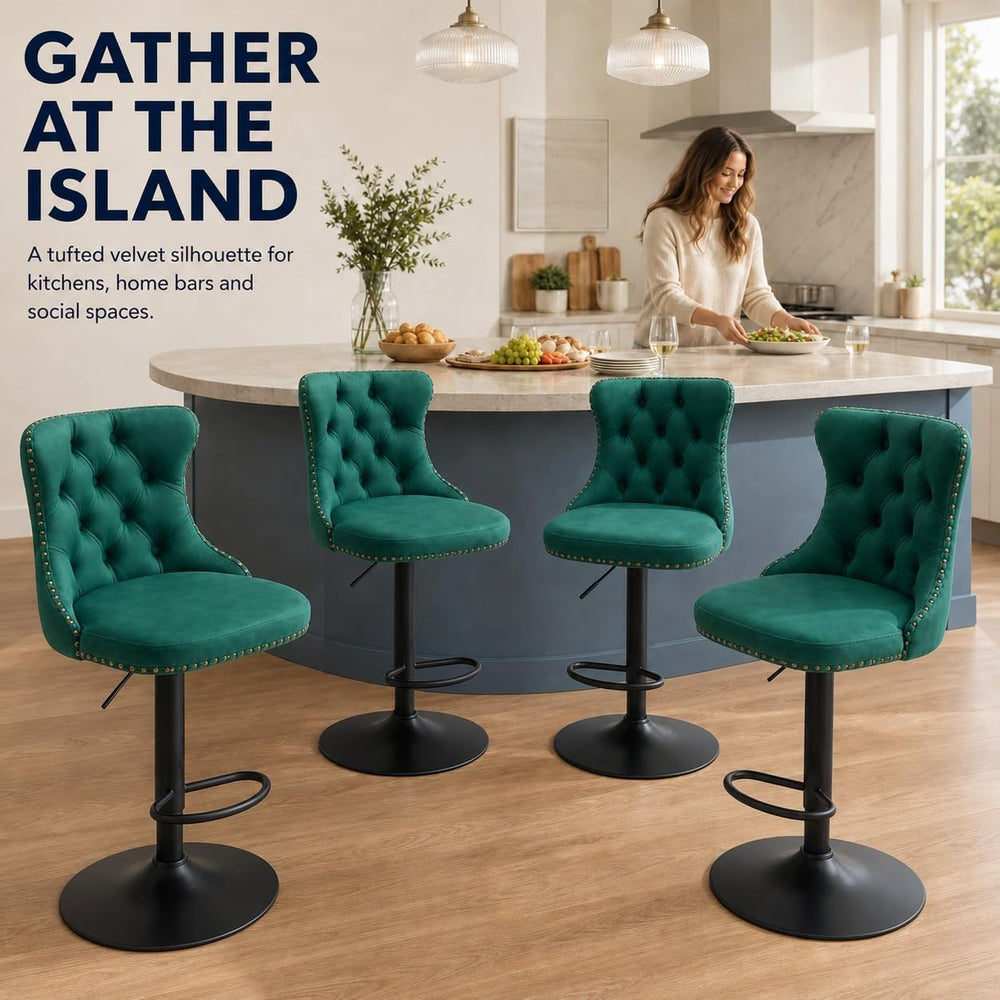 ODUSE-DAILY Green Velvet Bar Stools Set of 4 - Adjustable Swivel Counter Heig...