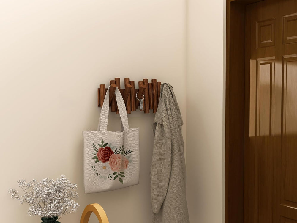 Folding Wall Coat Rack, 5 Flip-Down Wood Hooks for Entryway, Brown