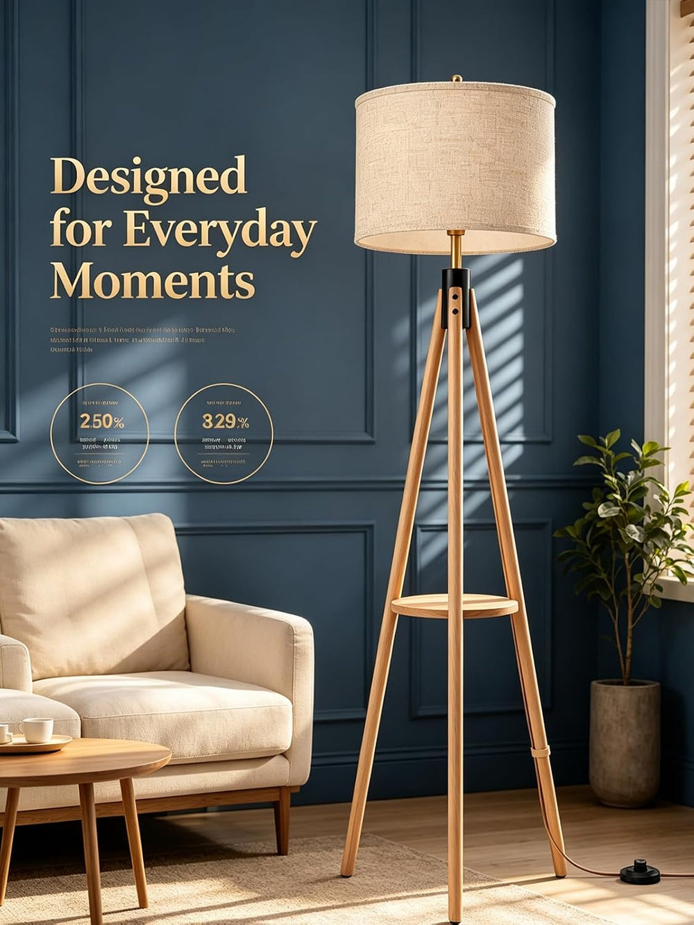 MOFFE Mid Century Solid Wood Tripod Floor Lamp with Tary & Remote Control