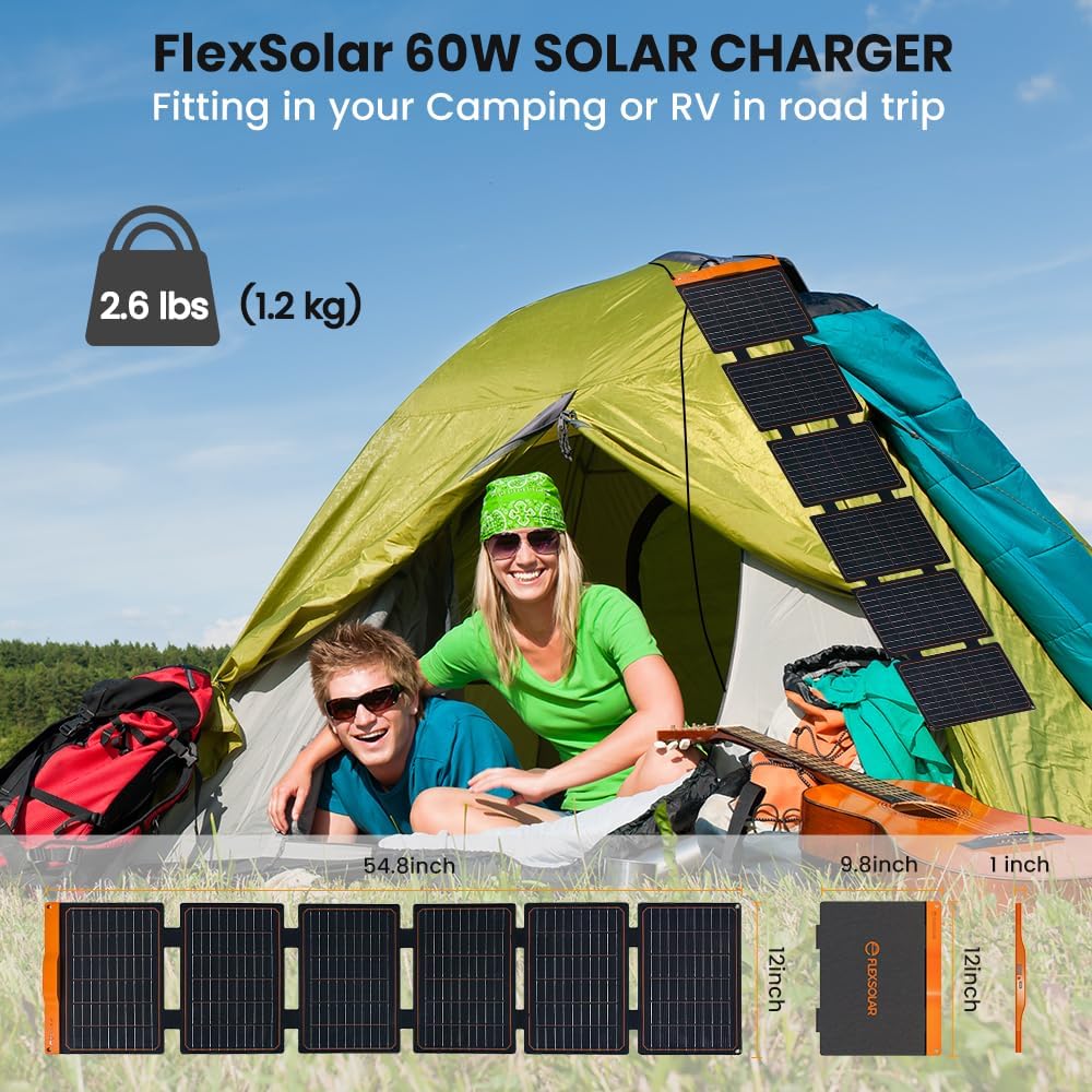 FlexSolar 60W Foldable Portable Solar Panel Charger IP67 Waterproof