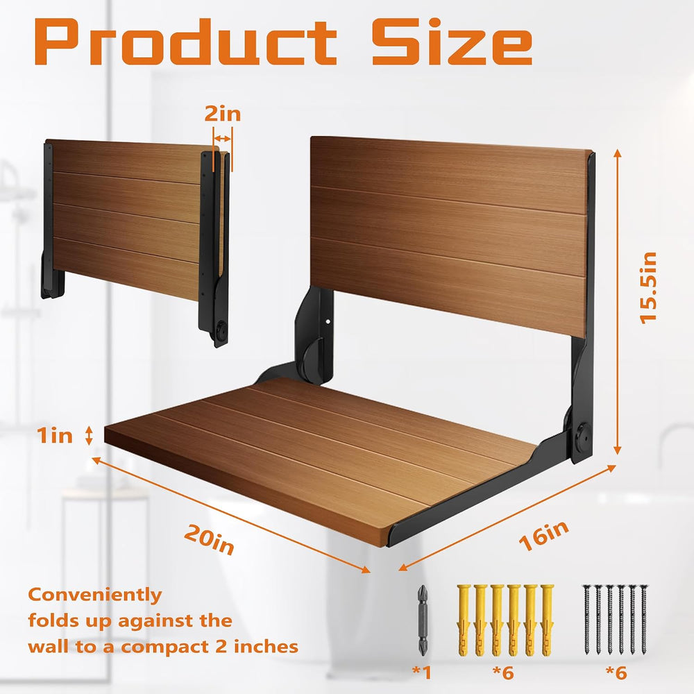 Folding Shower Seat 20'', Large Teak Shower Seat, Folding Shower Benc...