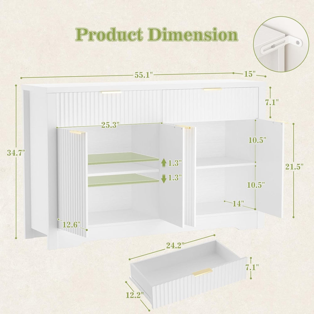 Cyclysio 55" Fluted Sideboard Buffet Cabinet with Drawers (White, 4 Doors)