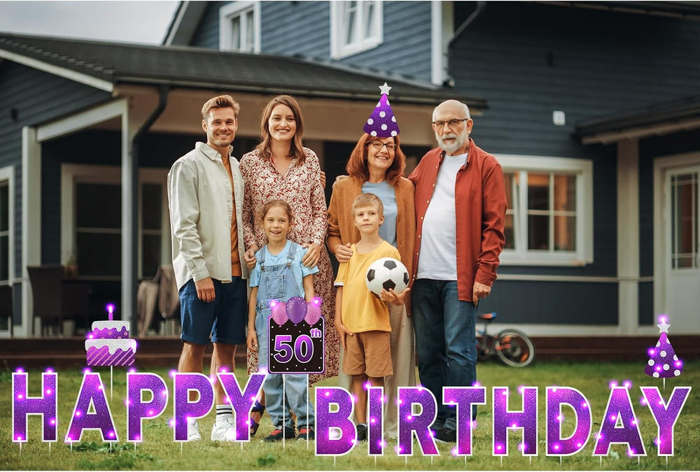Yerliker 16 Pcs Purple Happy Birthday Yard Signs with Stakes, 32.8 ft LED Lig...