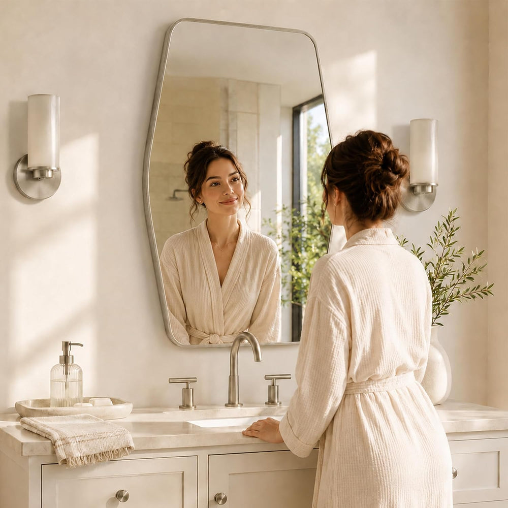 24x36 Inch Brushed Nickel Bathroom Vanity Mirror, Rounded Hexagon