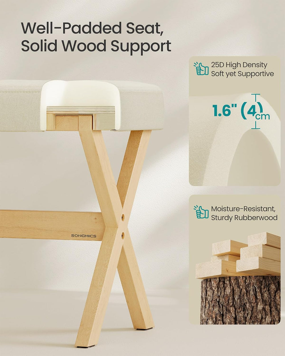 SONGMICS Makeup Stool, Padded Vanity Foot Rest, Solid Wood X Legs