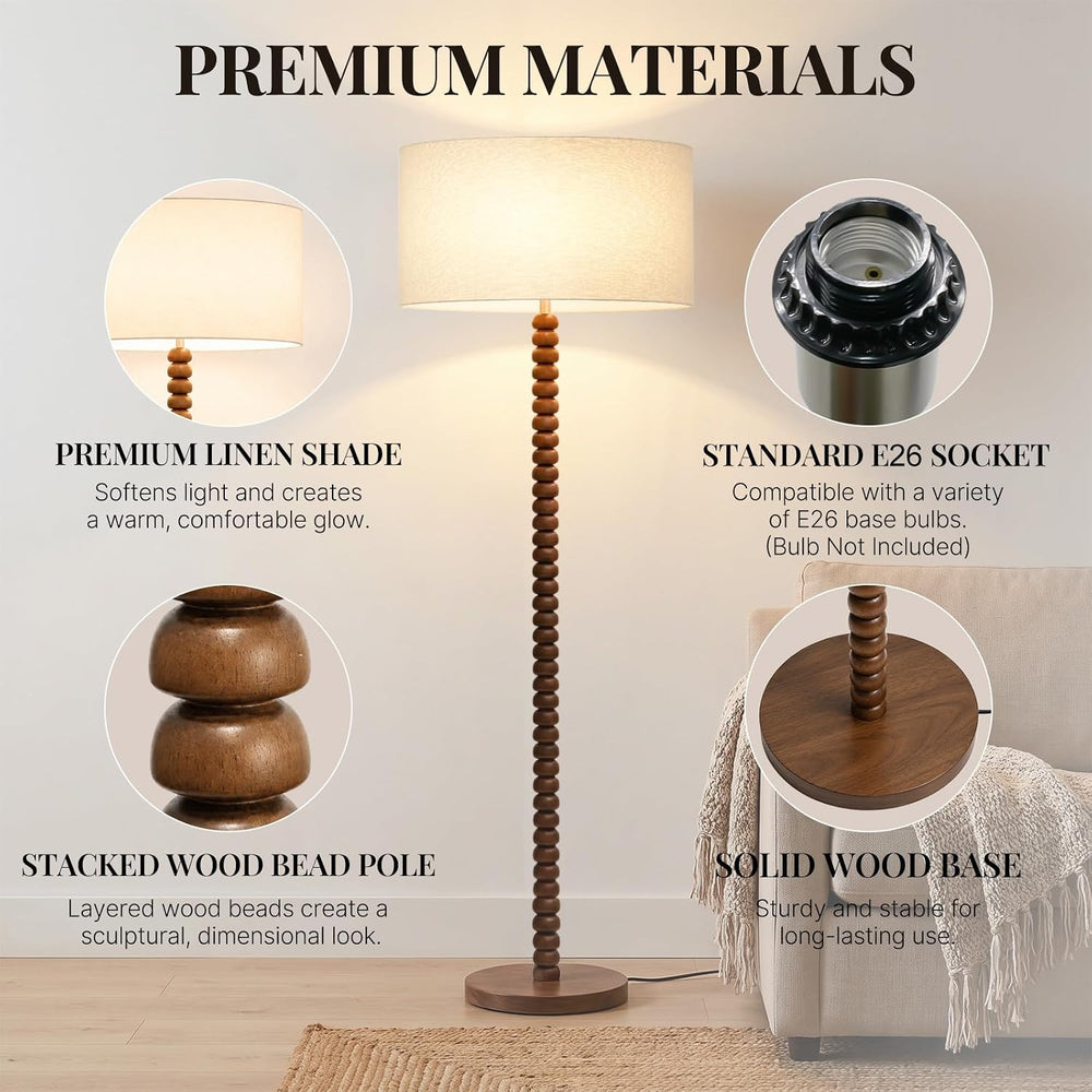 62" Farmhouse Stackable Ball Walnut Wood Floor Lamp with Linen Shade, Cream