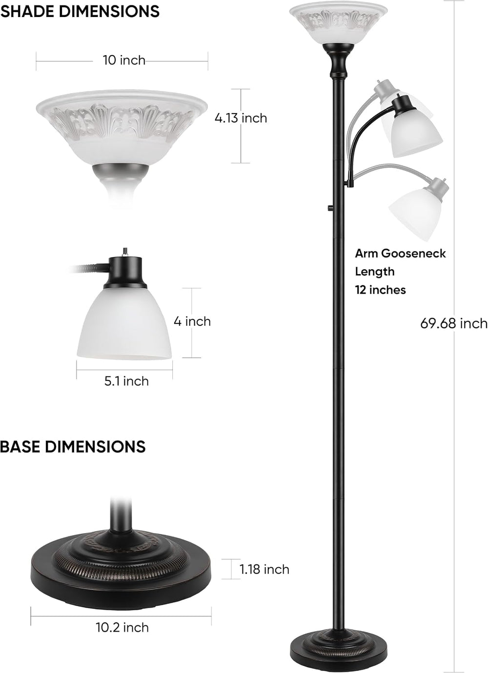 Torchiere Floor Lamp for Living Room with Reading Light, Thick Glass Shade