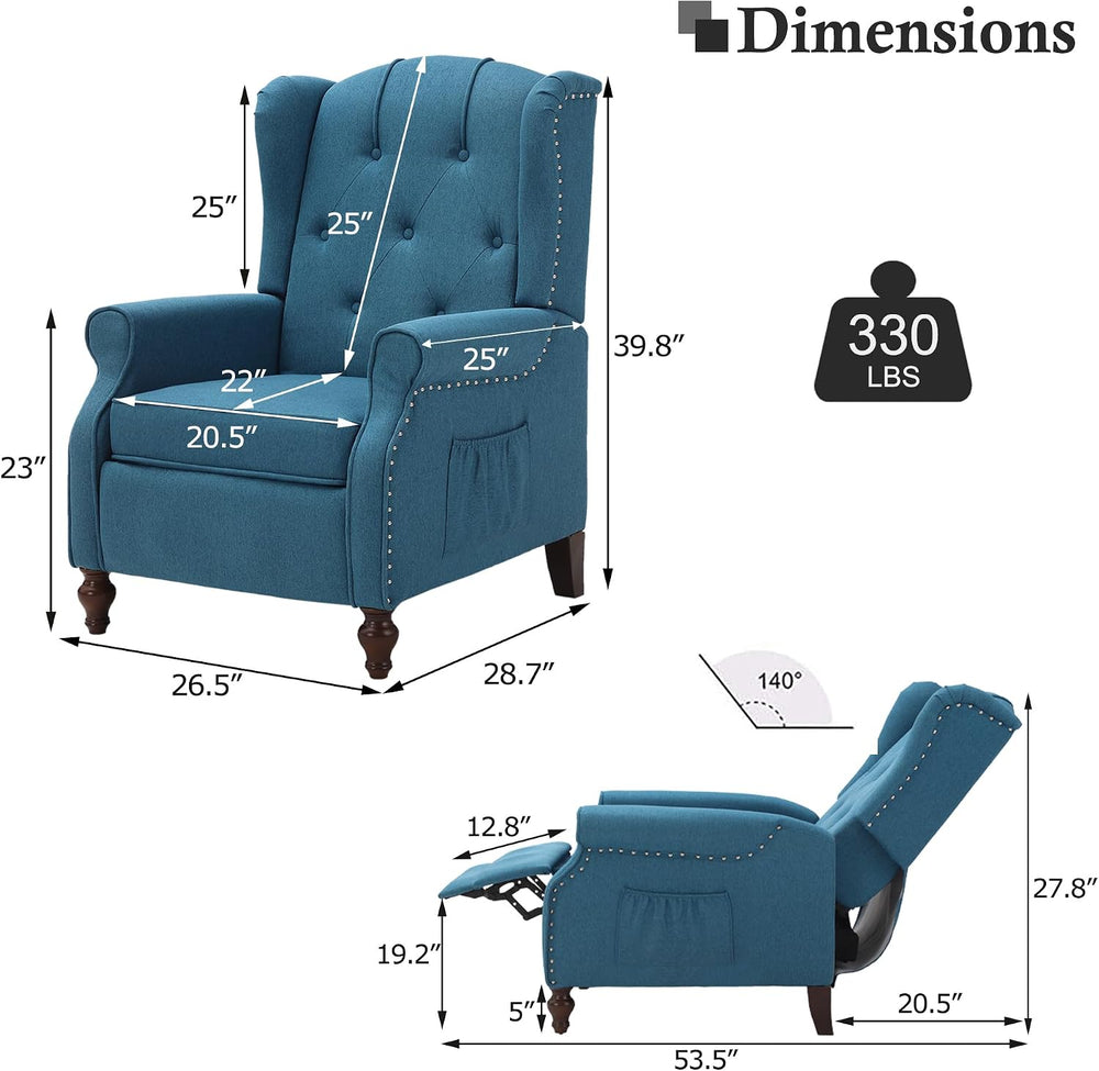 Wingback Chair, Push Back Recliner Armchair, Blue, Single