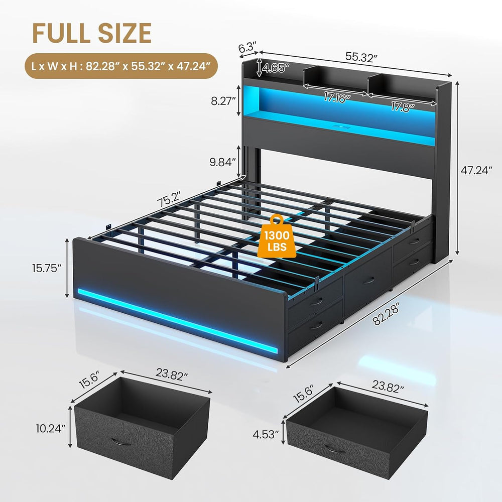 DICTAC Full Bed Frame with Storage Headboard & 5 Drawers, LED Bed Frame F...