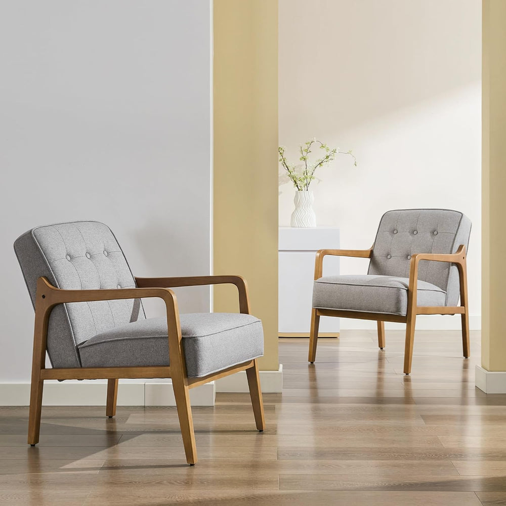 SOFTHION Linen Mid Century Modern Chair with Solid Wood Frame 2-Pack, Grey