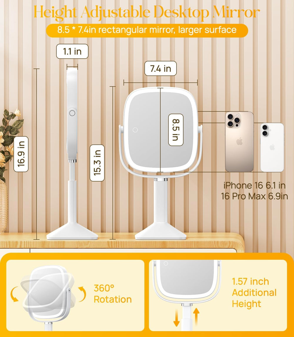 Gospire Rectangle Lighted Makeup Mirror with Magnification 1X/10X, White