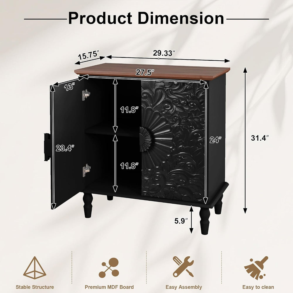 Black Sideboard Buffet Cabinet with 2 Embossed Flowers Doors