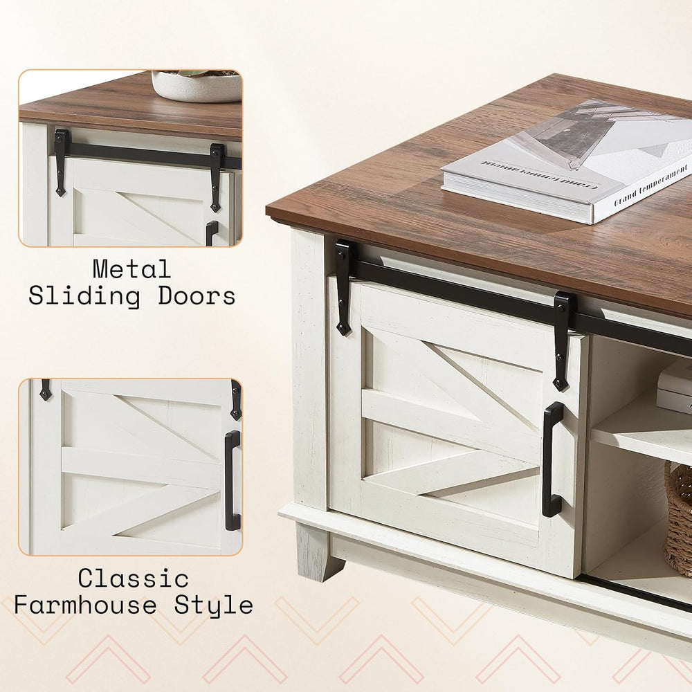 AMERLIFE 48" Farmhouse Coffee Table with Sliding Barn Doors, Rustic White