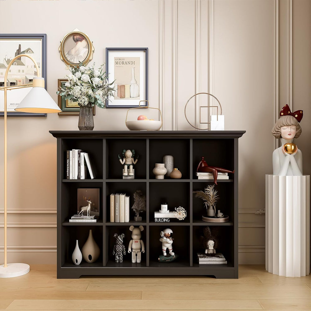 OSCHF 12-Cube Open Bookcase with Base, 3-Tier Wooden Bookshelf, Black