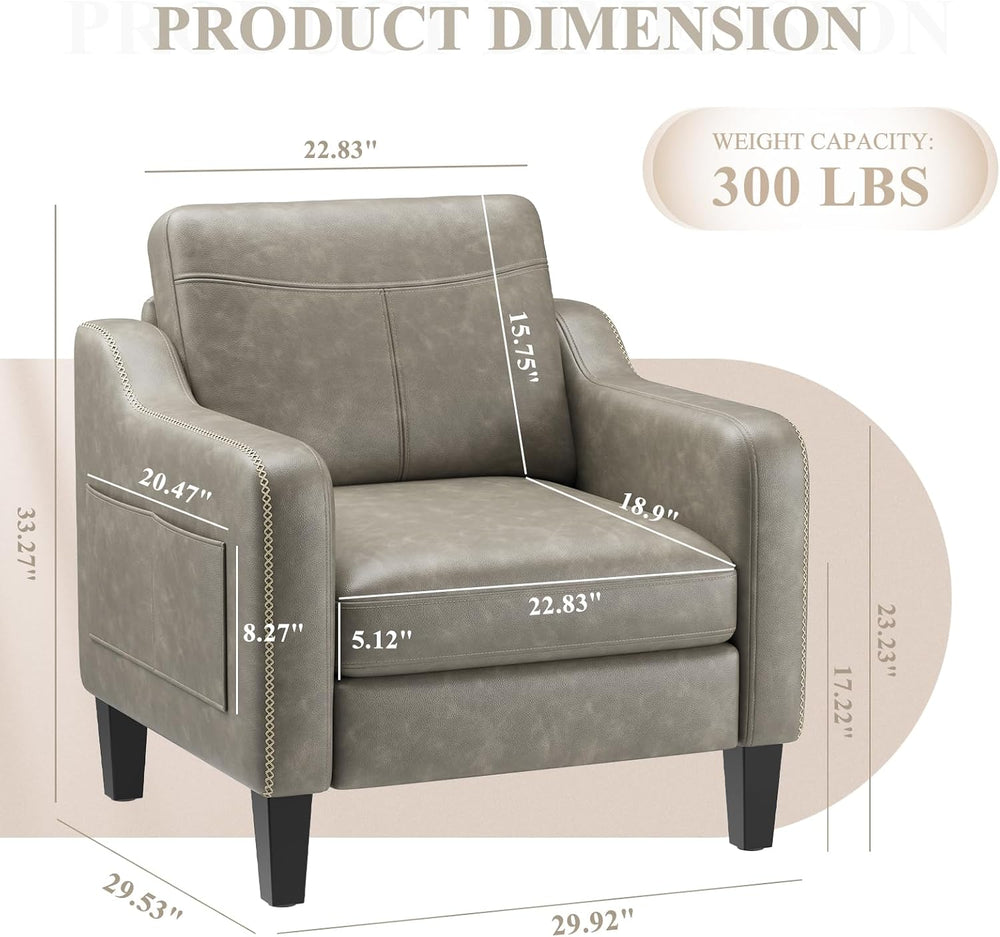 MALOL PU Leather Accent Chair with Solid Wood Frame, Grey