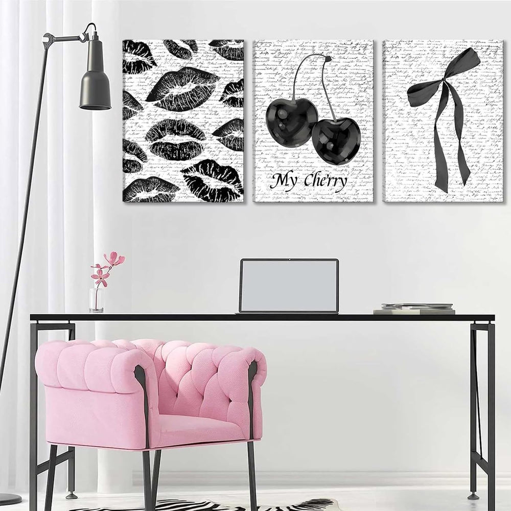 Black And White Canvas Wall Art Set of 3, Fashion Black White Lips And Cherry...