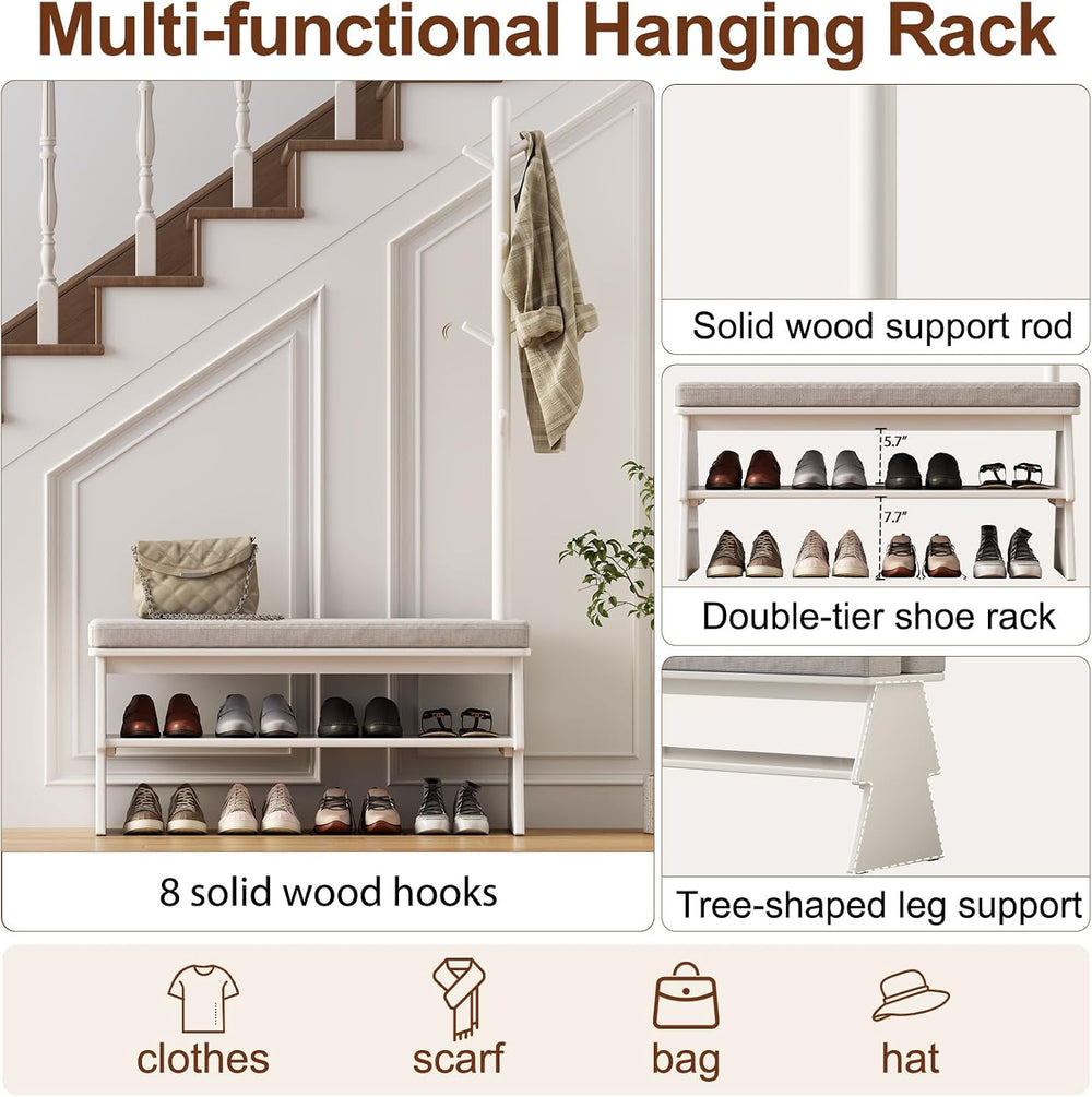 Coat Rack with Shoe Storage, Shoe Rack with 8 Hook, White