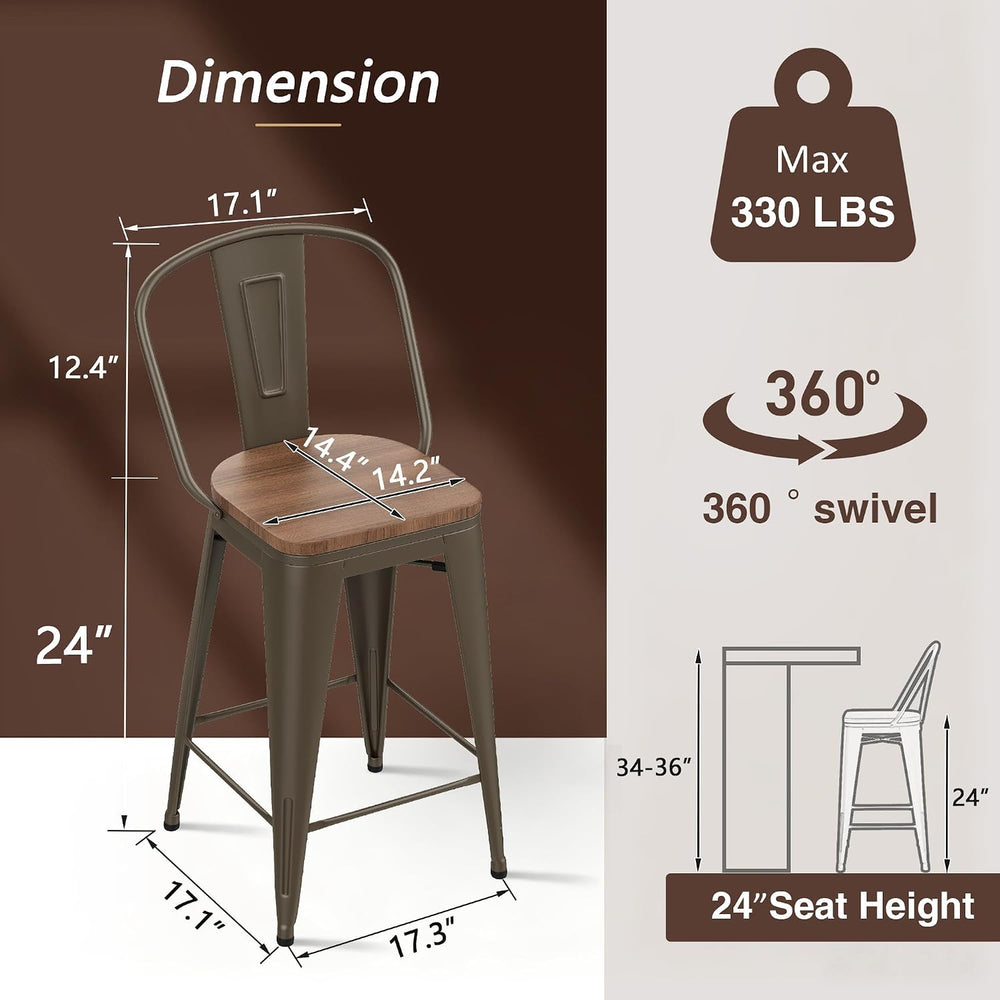 24" Swivel Bar Stools Set of 4, Metal Counter Height Chairs Rusty