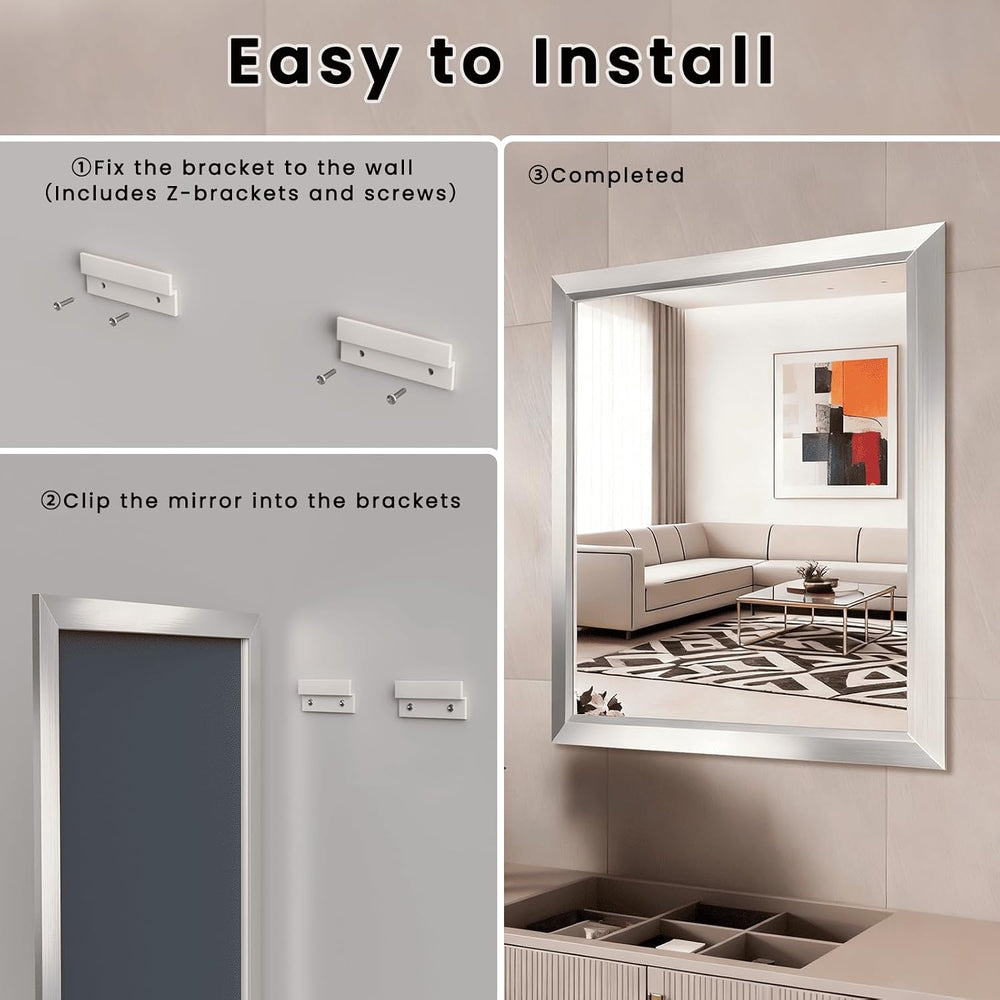 Amorho Bathroom Mirror for Wall 28x32 Inch, Brushed Silver Metal Framed