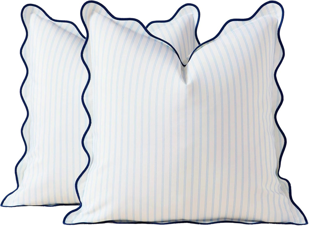 DEZENE 18x18 Blue Outdoor Pillow Covers Pack of 2, Striped Scalloped Coastal ...