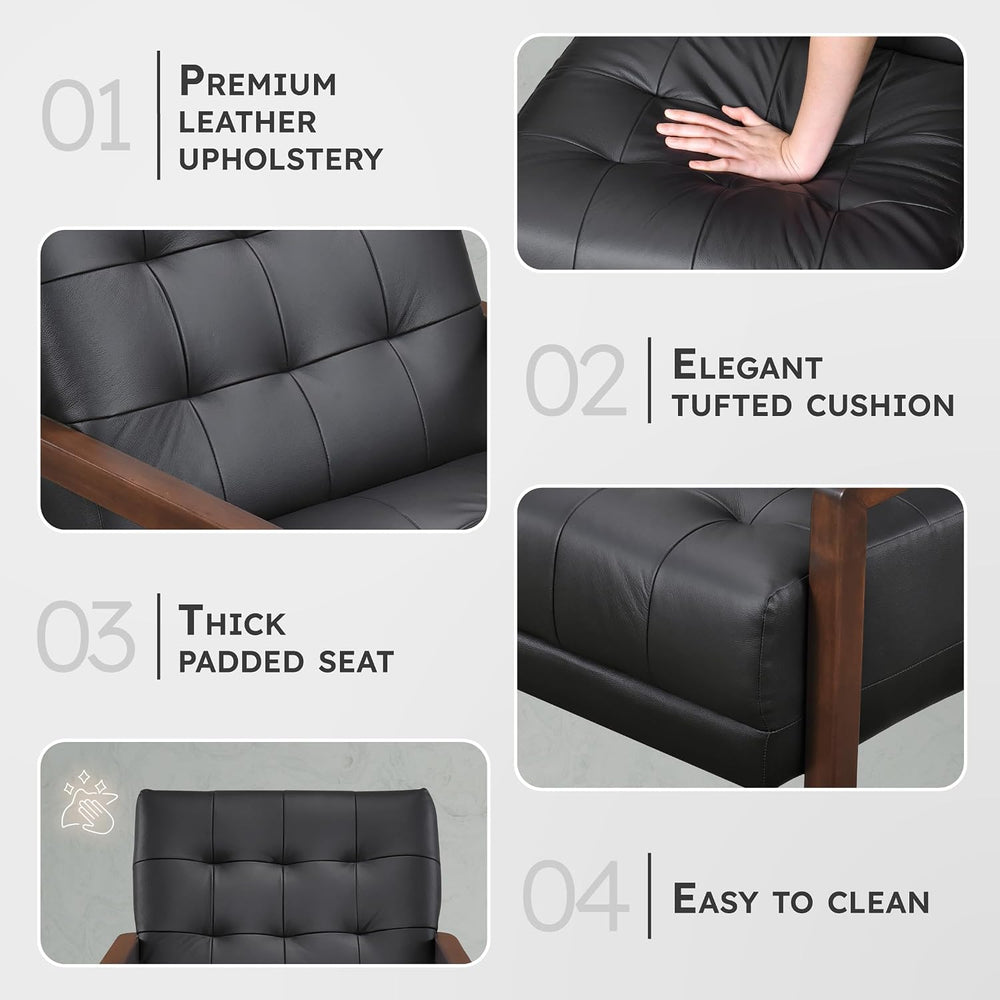 Lexicon Modern Leather Match Accent Chair,Tufted, Solid Wood Arms,Black