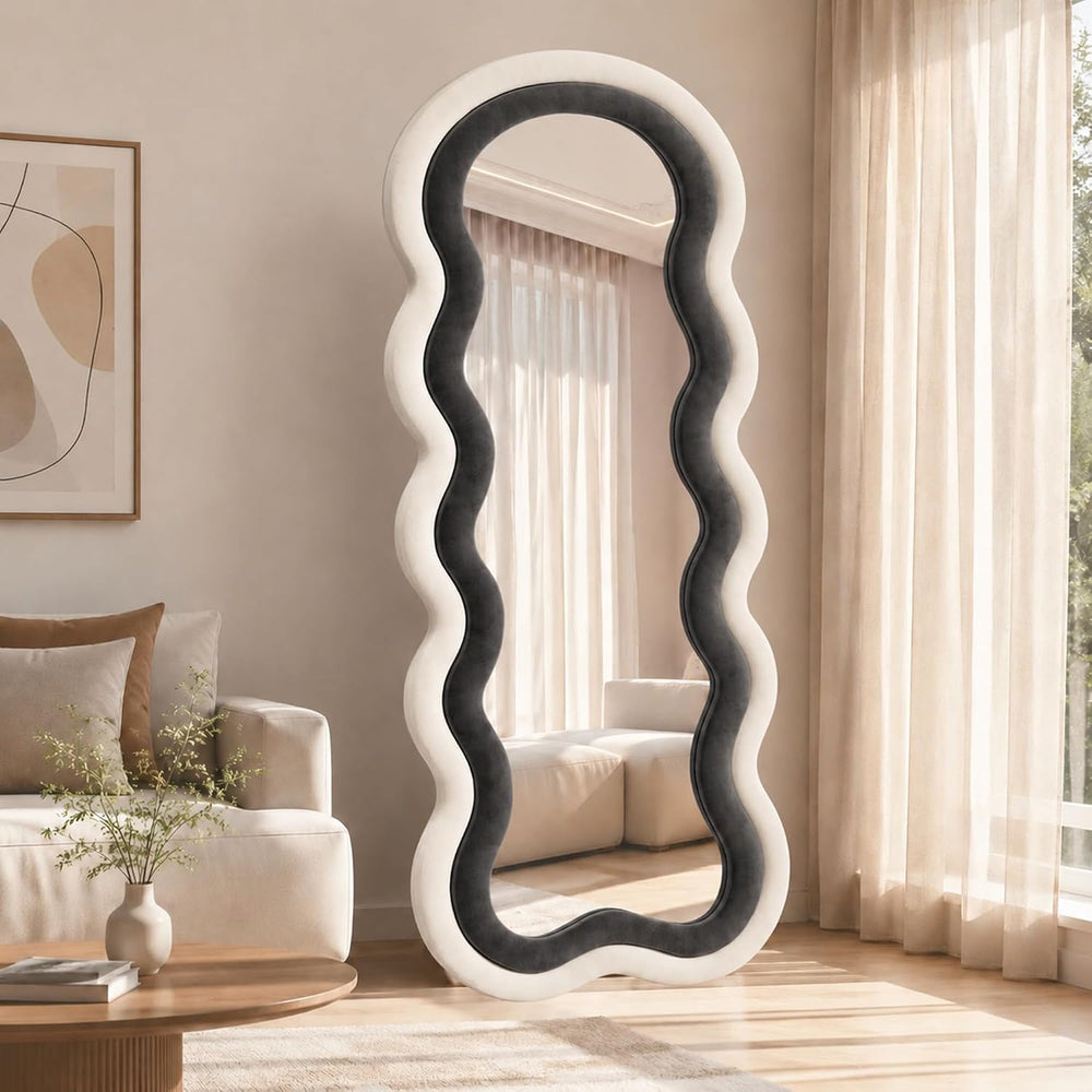 Wavy Full Length Mirror 63"x24", Black and White Velvet Frame