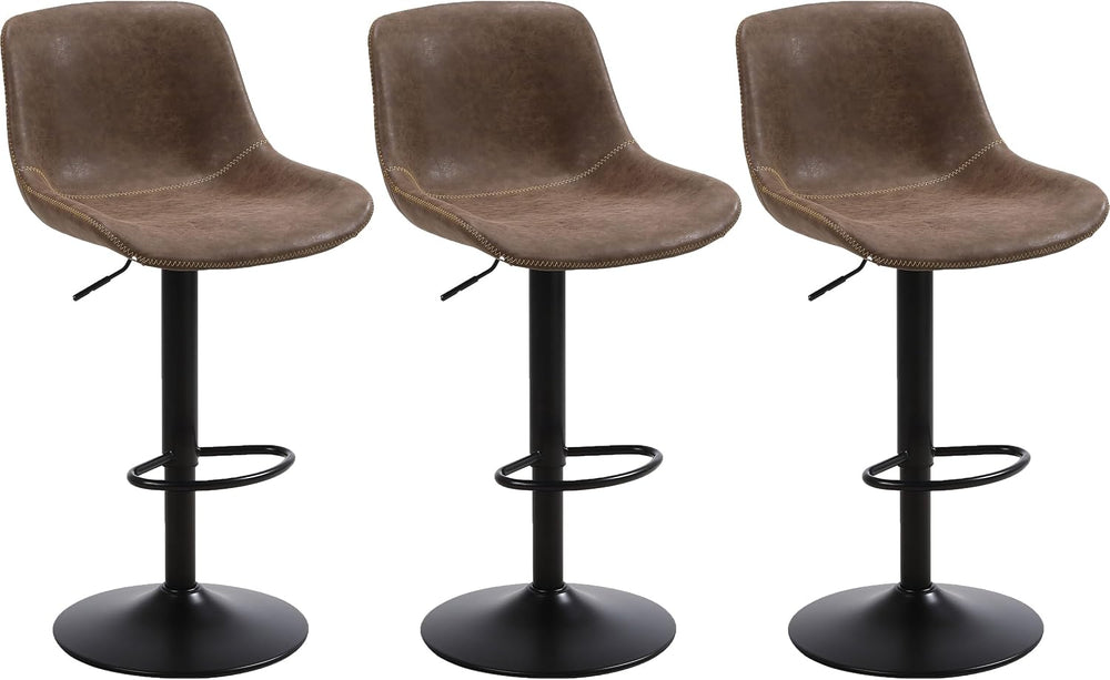 Swivel Bar Stools Set 3, Adjustable Height Suede-Like Leather Brown