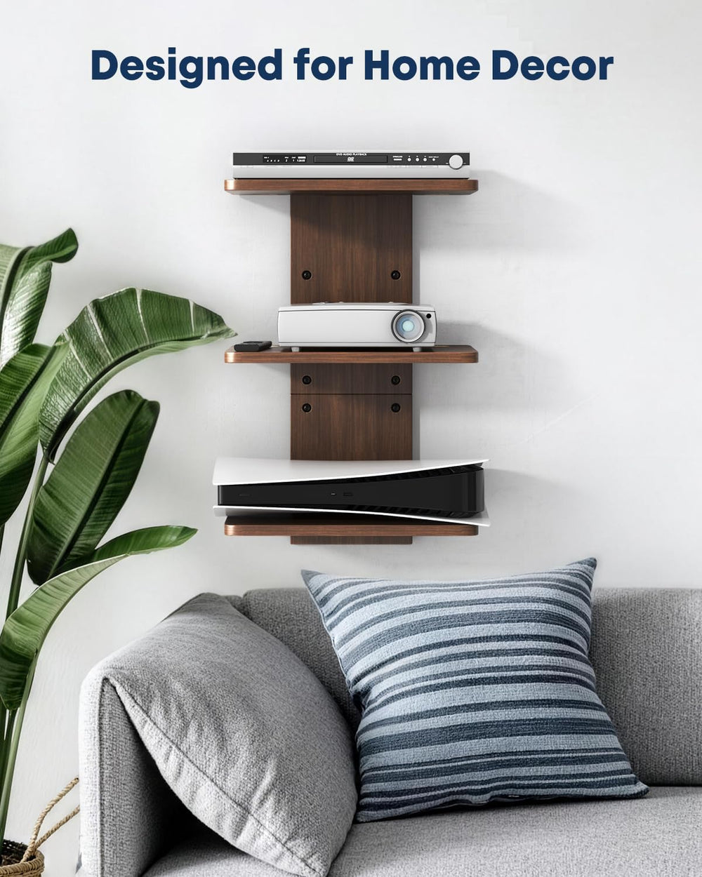 Floating TV Projector Shelf Wall Mount - 3 Tier Wooden Shelf, Walnut Brown