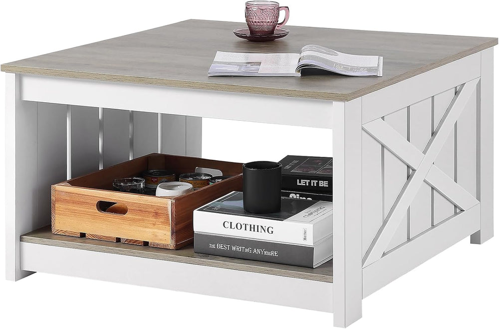 VEVOR 31.5" Farmhouse Coffee Table, Square Coffee Table with Open Storag...
