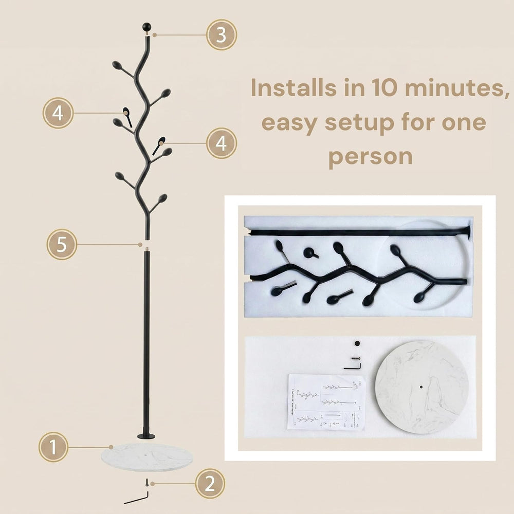 Black Freestanding Coat Rack & Tree Marble Base 9 Hooks