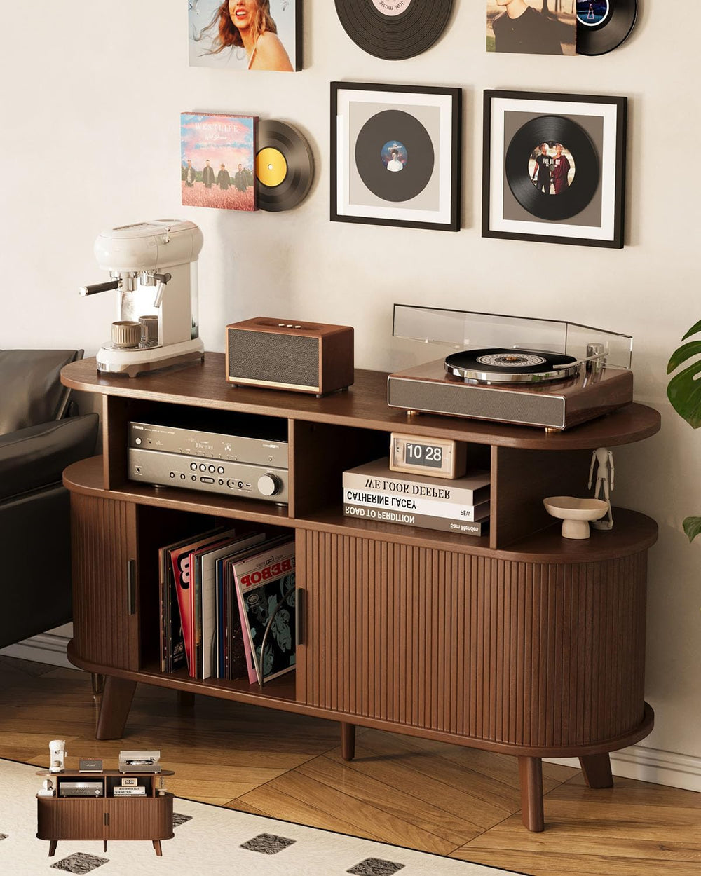 Large Record Player Stand with Sliding Doors, Fluted Media TV Stand