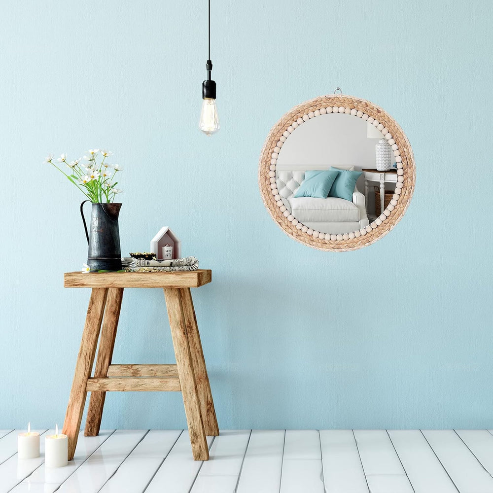 15 Inch Boho Round Hanging Wall Mirror Decorative Rattan Circle Mirrors for F...