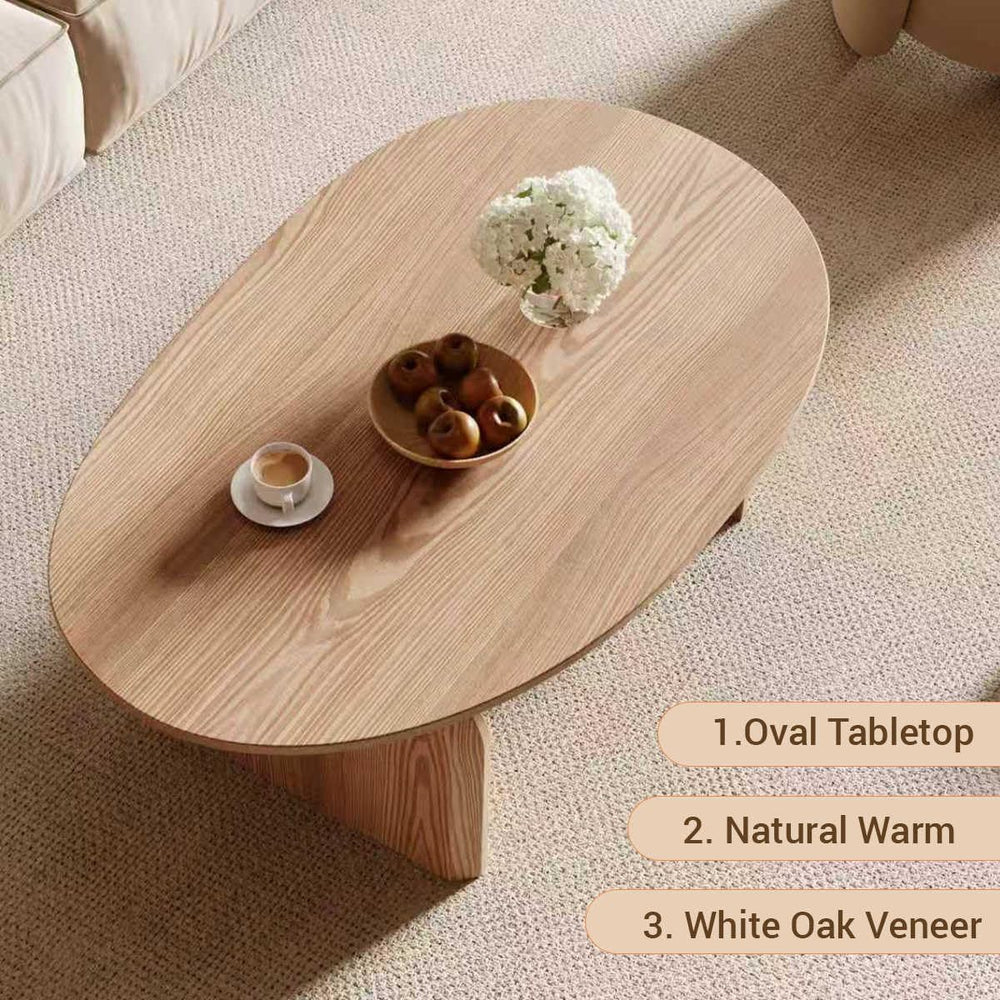Honyee Small Oval Coffee Table, Oak Veneer Top with Solid Legs, Natural