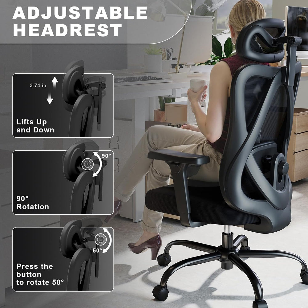 Mesh Office Chair with Headrest, Lumbar Support, 3D Arms, Wide Seat