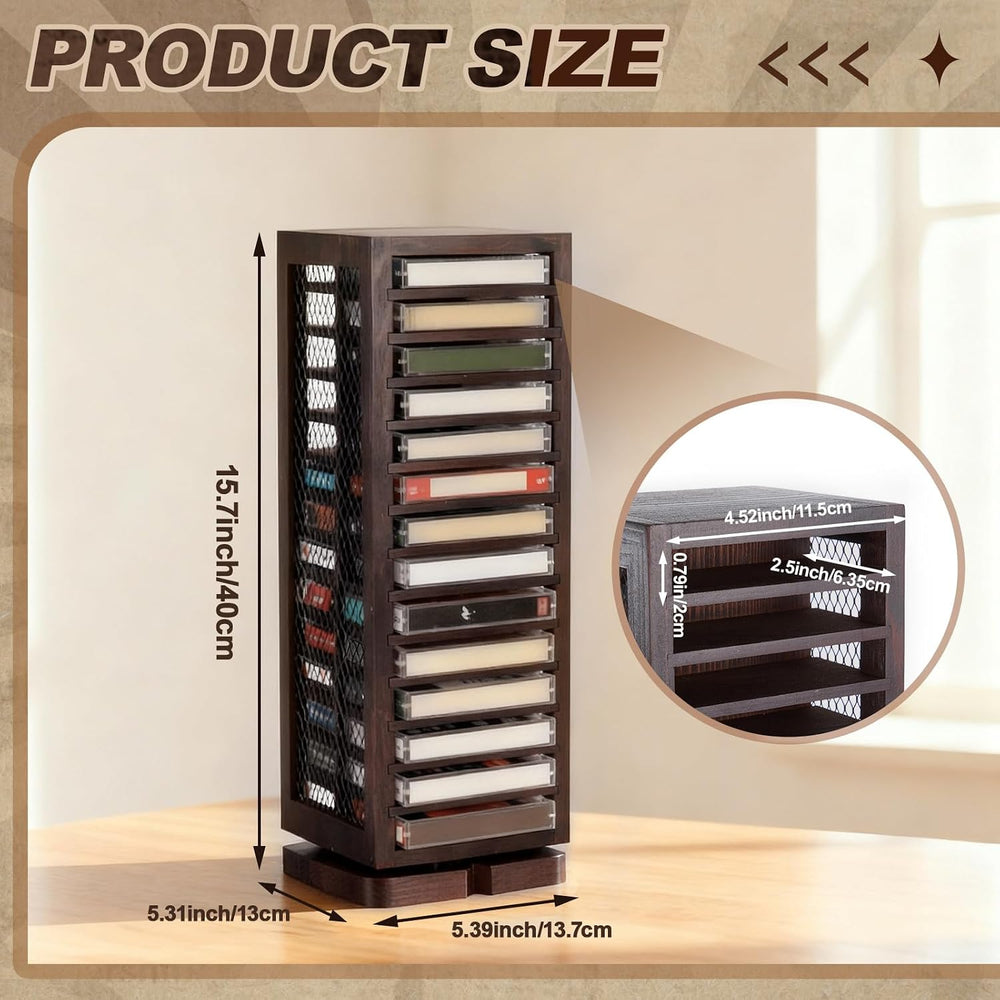 Ripeng Cassette Tape Holder, 28 Capacity 360° Rotating, Rustic Brown