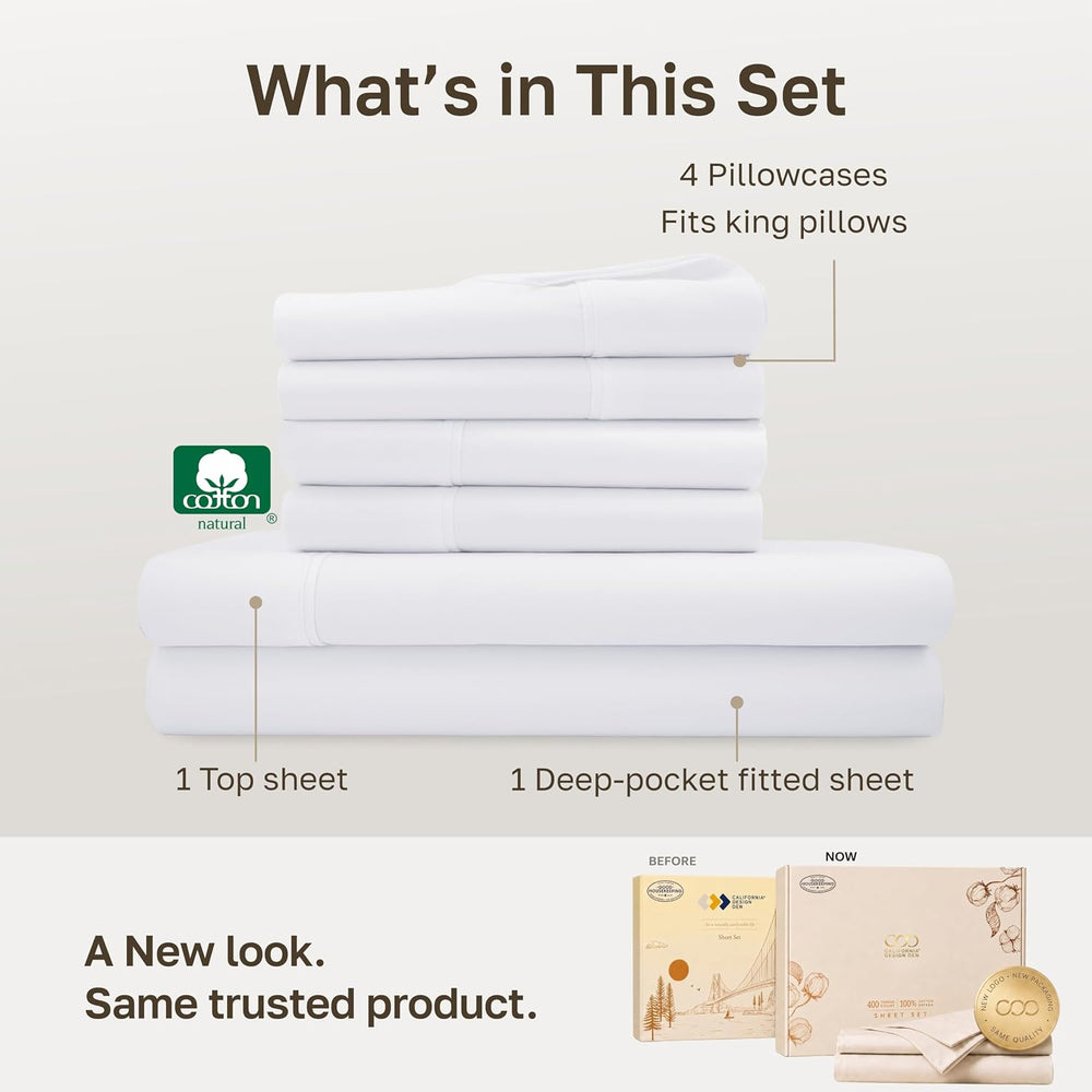 California Design Den 100% Cotton Sateen King Bed Sheet Set, 6 Pcs, White