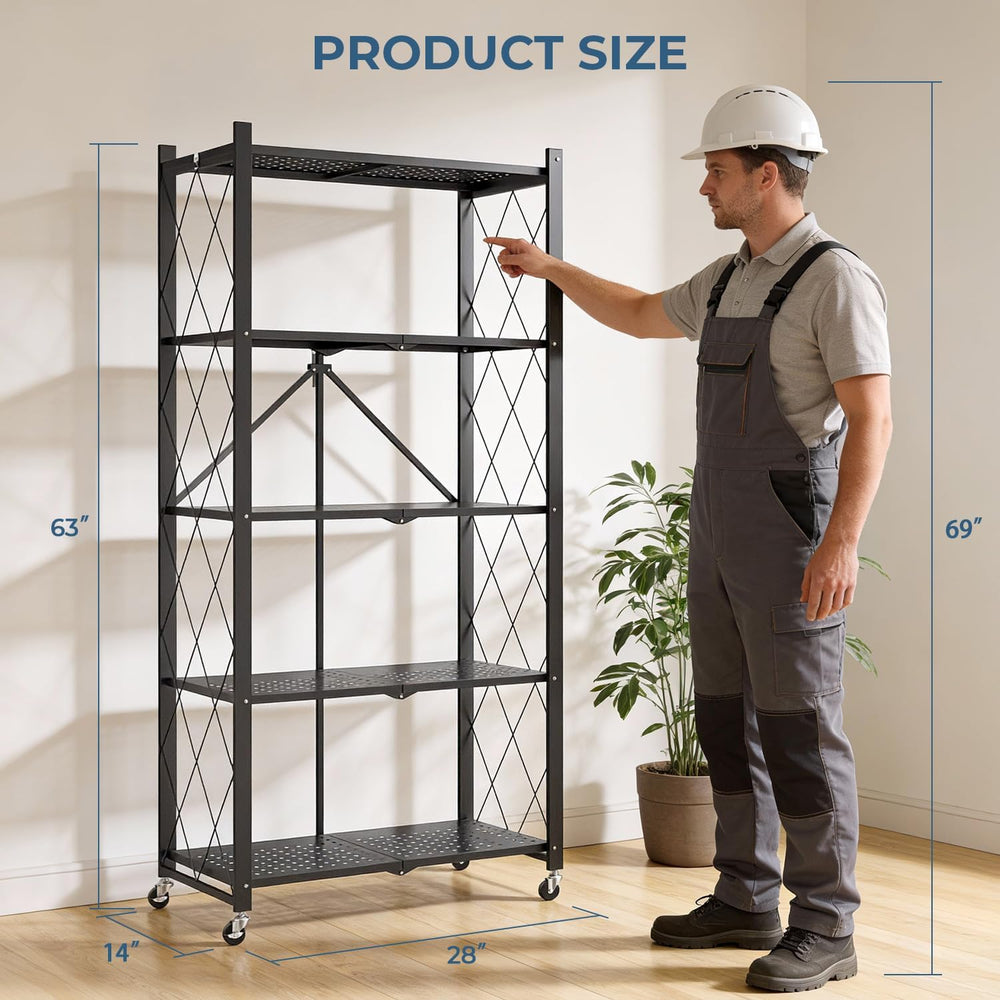 5-Tier Folding Metal Storage Rack - 63" Heavy-Duty Steel Frame with Whee...