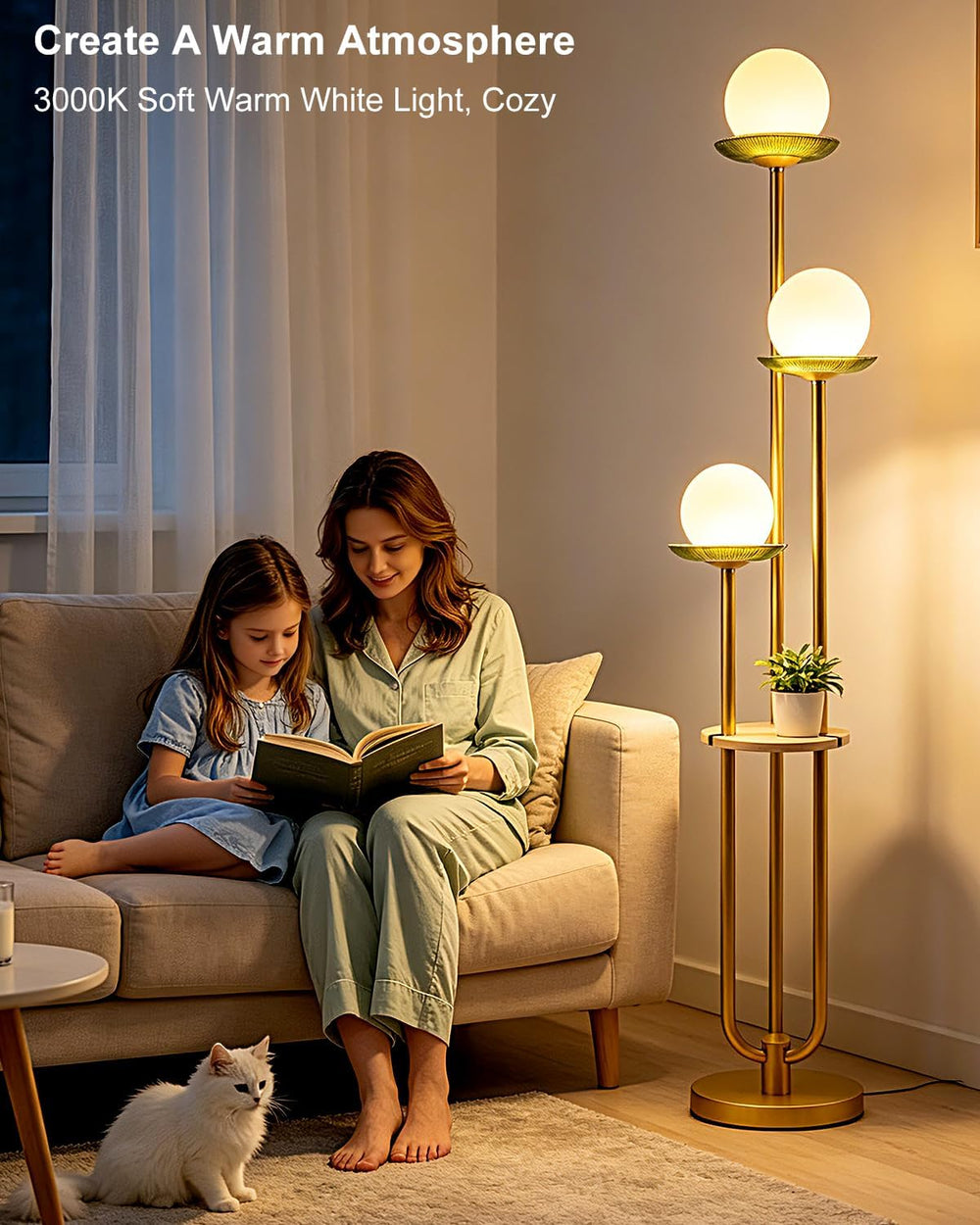 3-Globe Gold Floor Lamp Dimmable with Green Glass Tray Tall Lamp