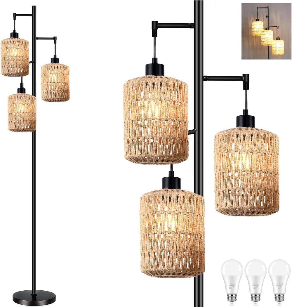 QIYIZM Floor Lamp for Living Room,Bedroom,3-Lights Boho Rattan Tree Floor Lig...