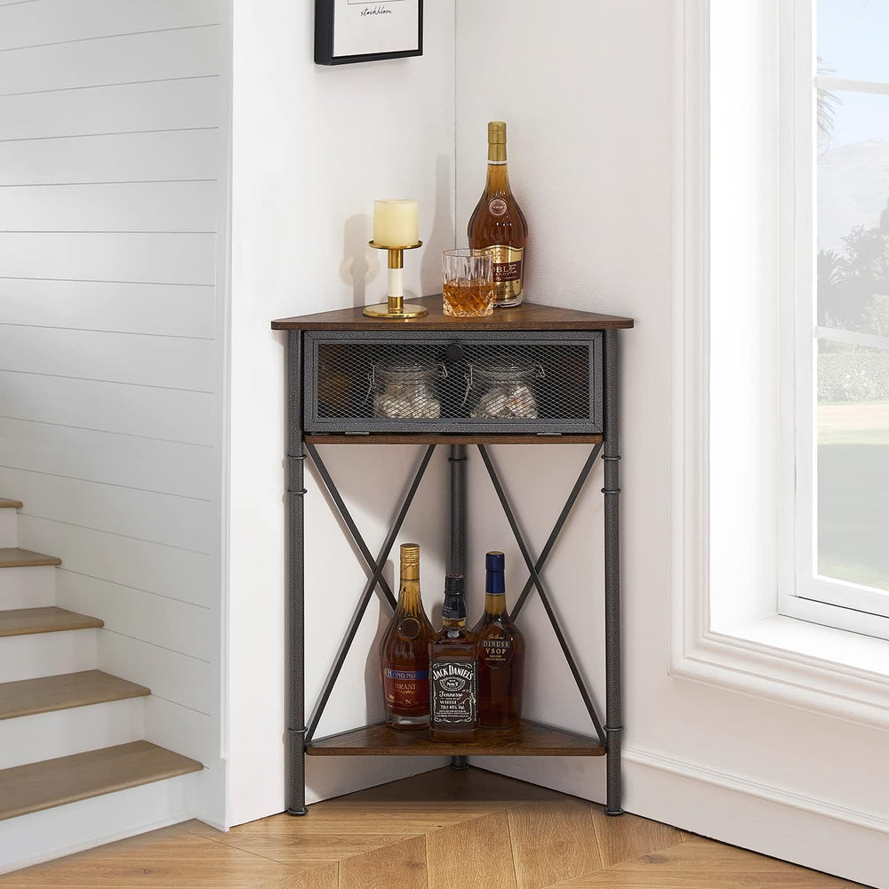 VECELO Corner Cabinet/Table, 3-Tier Display Shelves with Protection Door, Met...