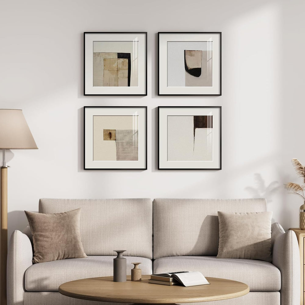 4 Piece Framed Neutral Abstract Modern Wall Art for Living Room, 12x12 In