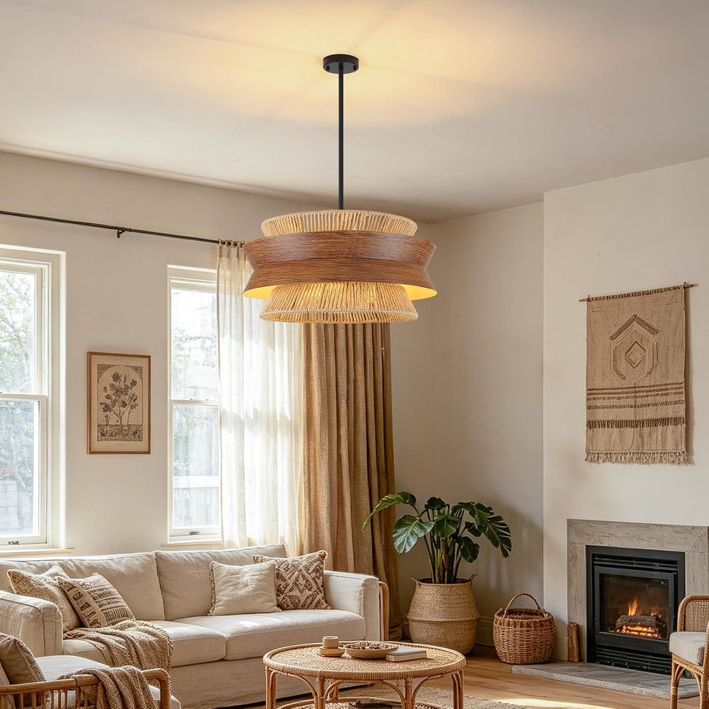 23.6" Rattan Chandelier with Wood Texture for Dining Room