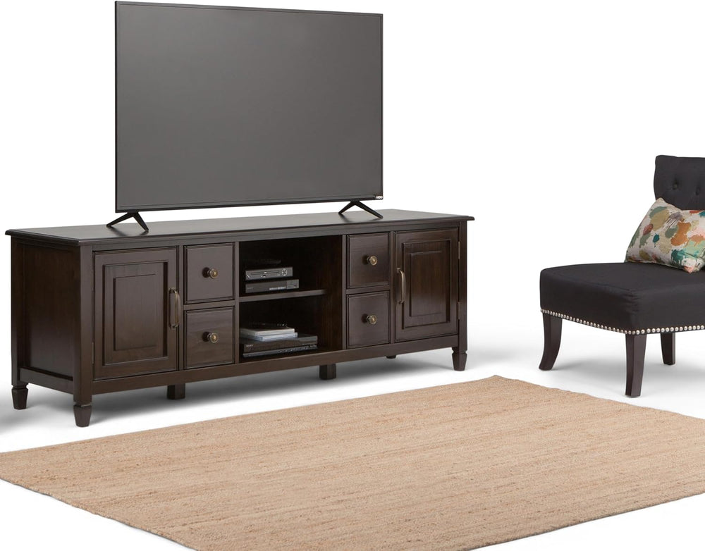 SIMPLIHOME Connaught 72" Wide Solid Wood TV Stand in Dark Chestnut Brown
