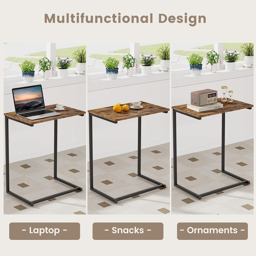 Tangkula C-Shaped End Table Set of 2, Rustic Brown