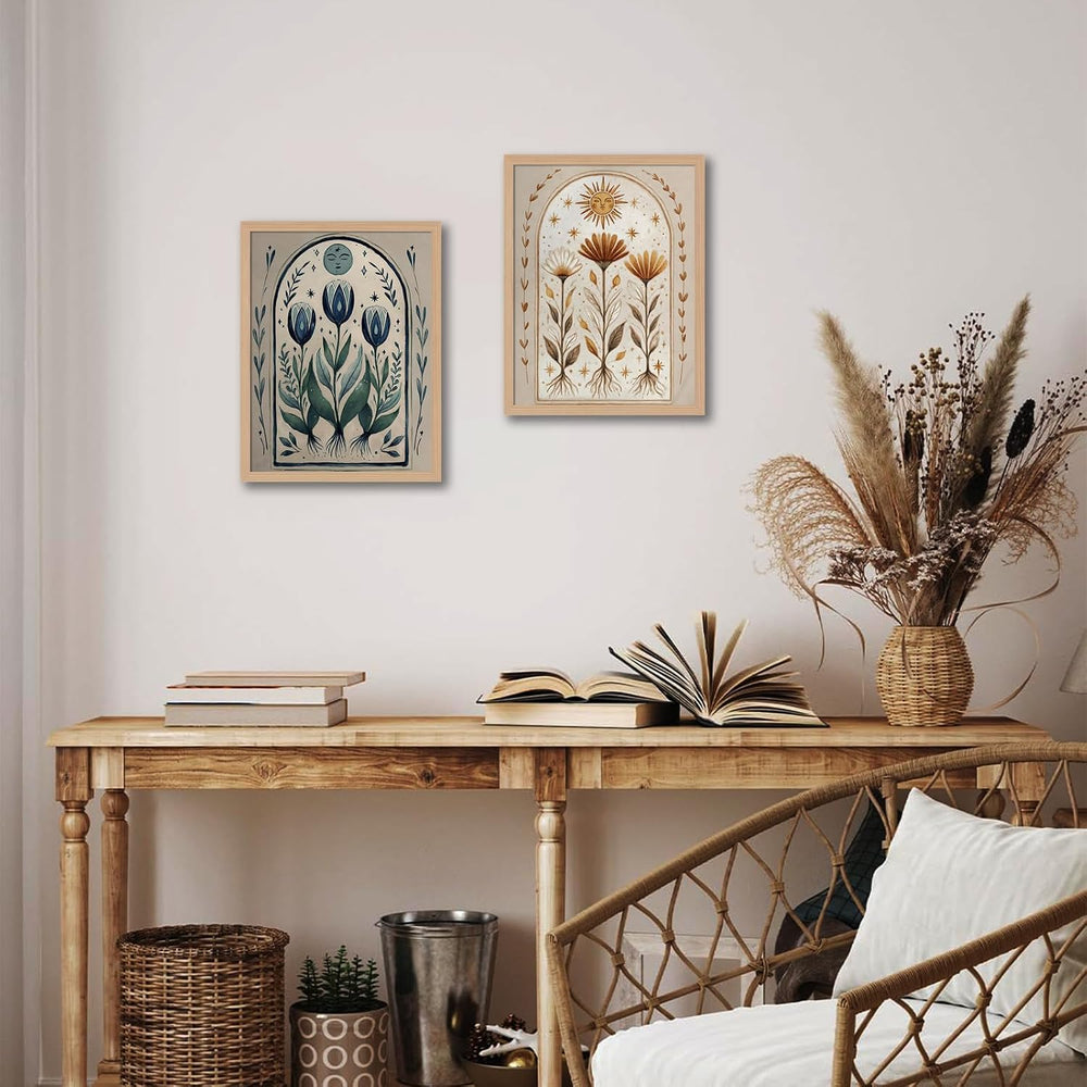 skysoon Boho Moon and Sun Wall Art Set of 2, Floral Botanical Prints