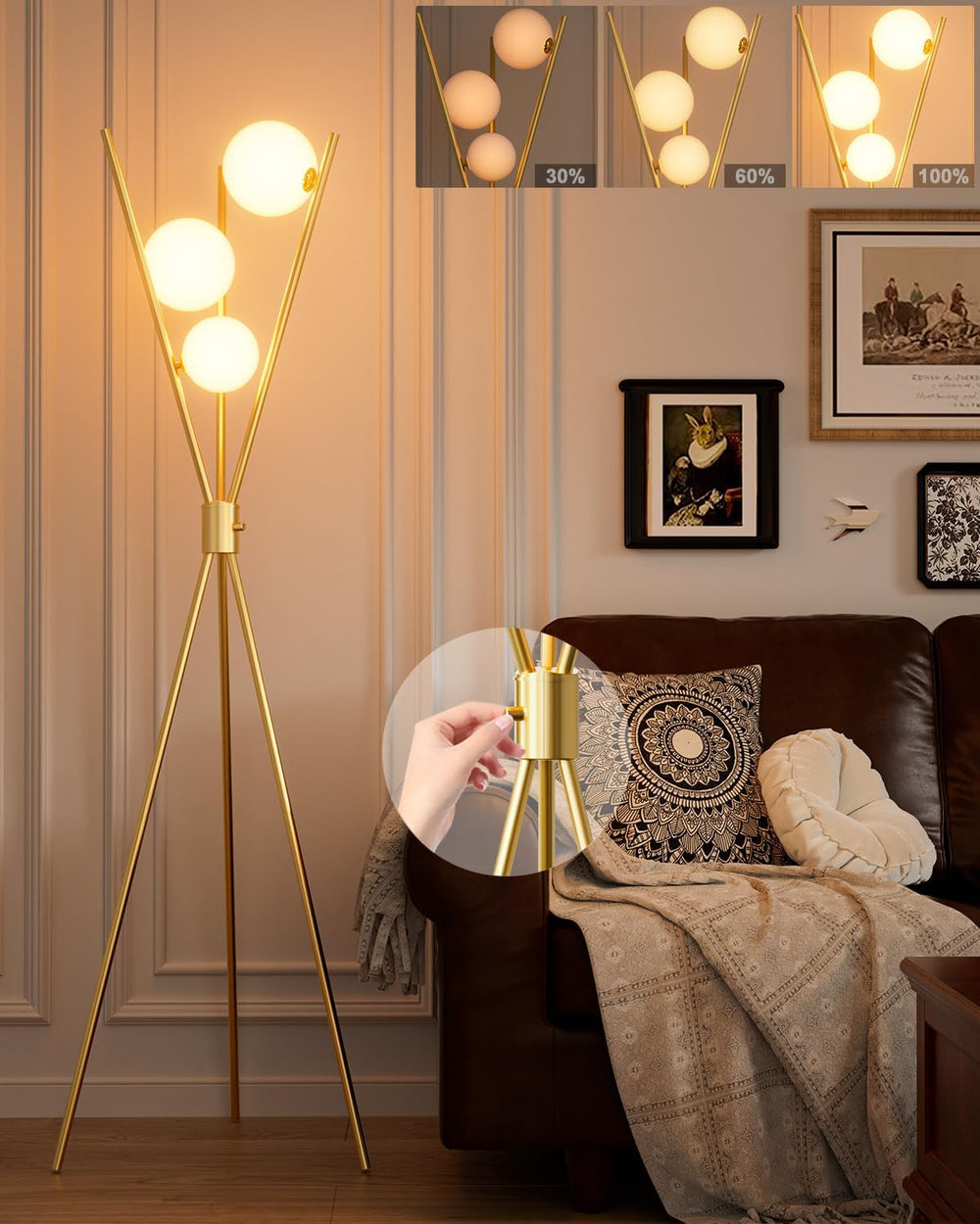 Lightdot Gold Tripod Floor Lamp Stepless Dimmable Globe Floor Lamp Modern