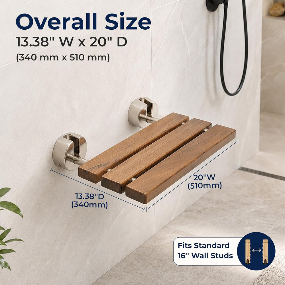DIYHD 20" Burmese Teak Wood Wall Mounted Folding Shower Bench, Brushed