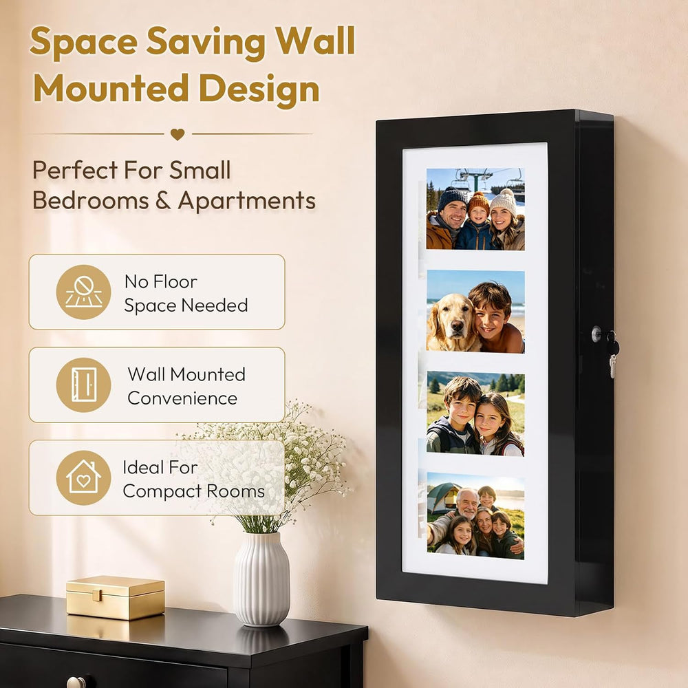 Bonnlo Wall-Mounted Jewelry Cabinet with Photo Frame, Inside Mirror, Black